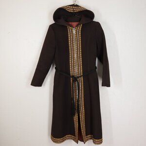 Vtg 70s Wool Coat S Brown Boho Embroider Edge Pockets Tie Waist Lined Hooded